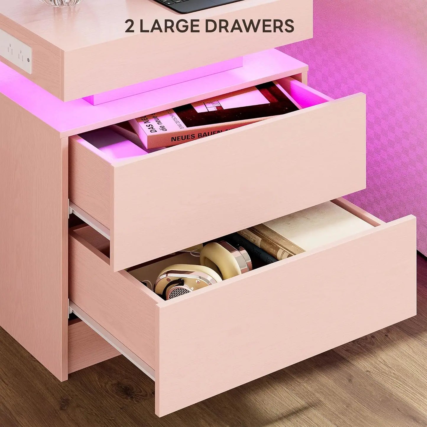LIKIMIO Nightstand With Charging Station Modern LED Drawers