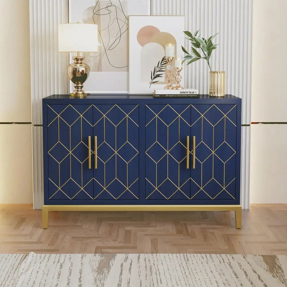 Accent Cabinet With Gold Trim Four Doors And Shelves