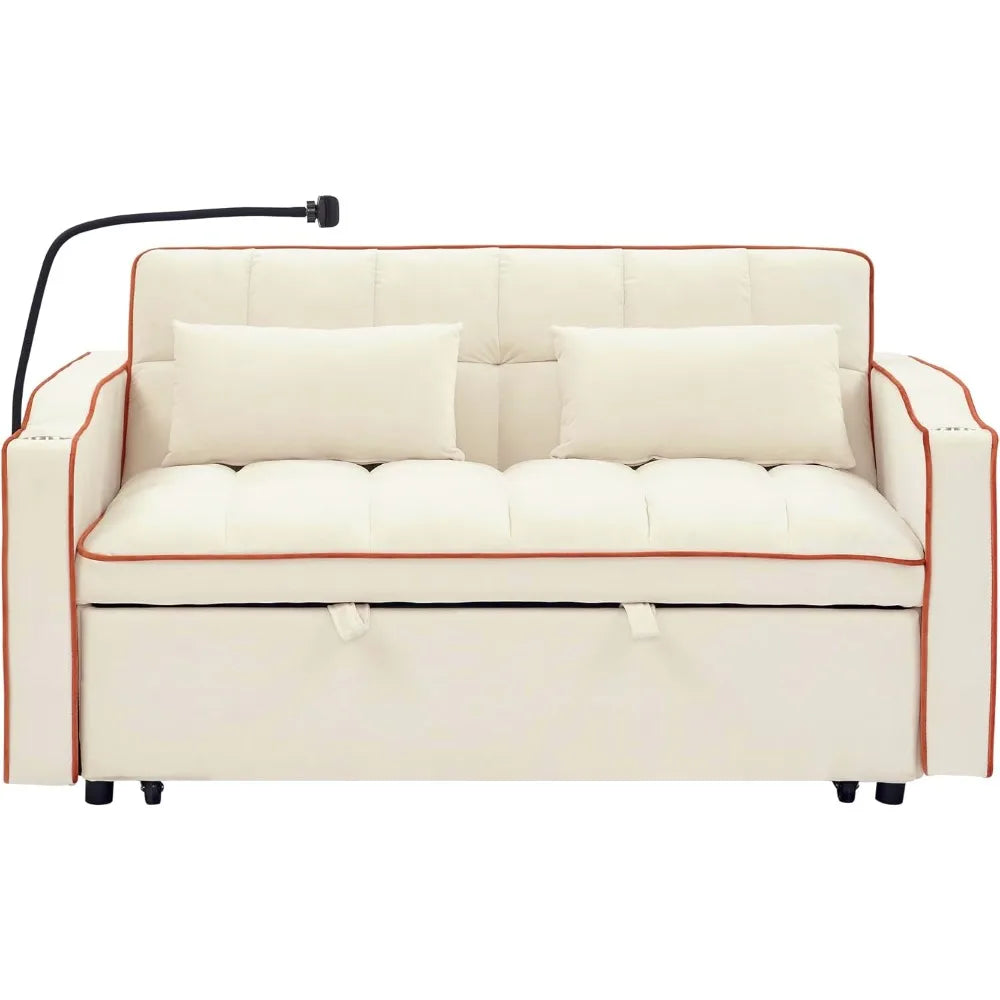 Foldable Sofa Bed with USB Ports Modern Velvet Loveseat Sleeper Couch
