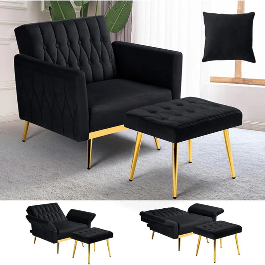 Velvet Accent Chair with Adjustable Armrests Tufted Back and Ottoman