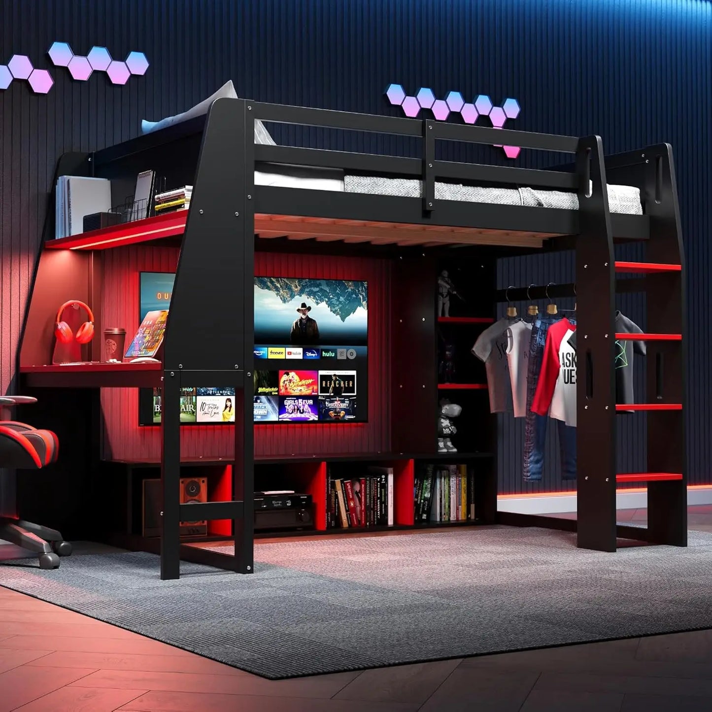 Wood Gaming Loft Bed With Desk Storage LED ChargingStation