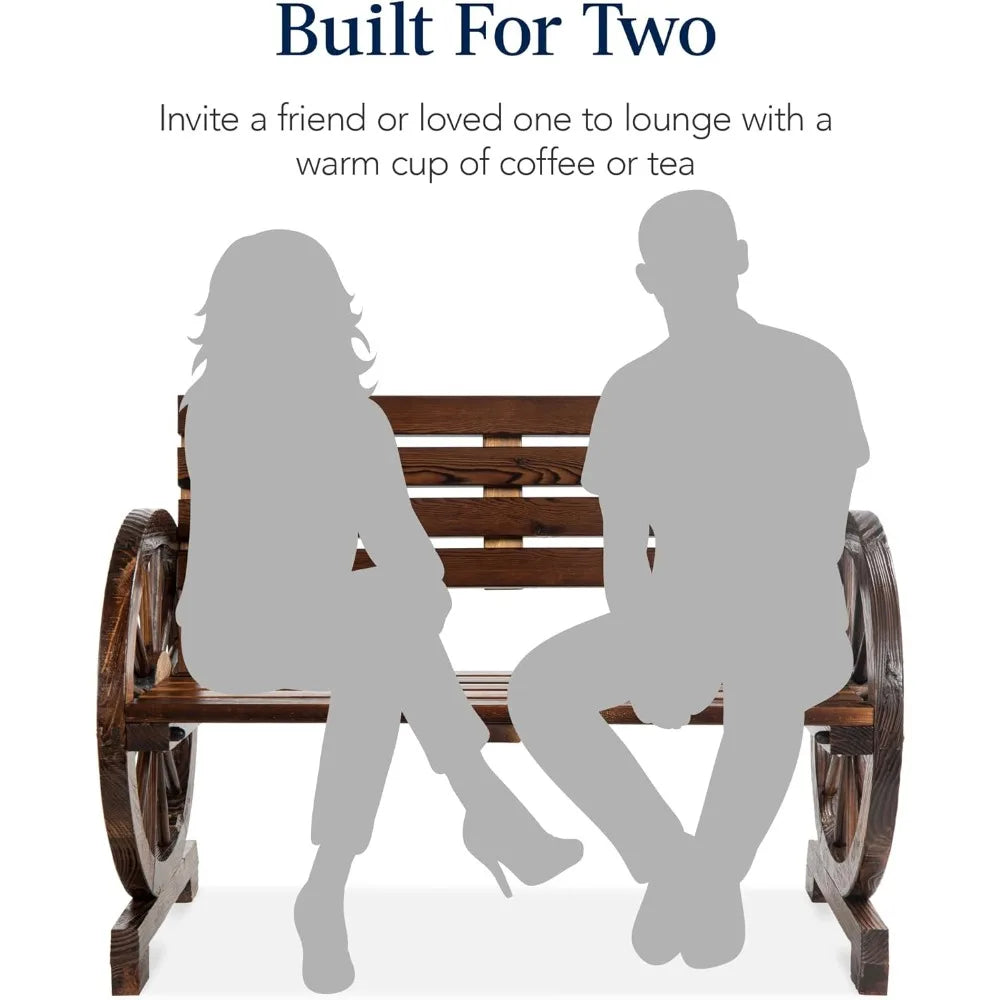 Two Person Wooden Wagon Wheel Bench for Outdoors Garden