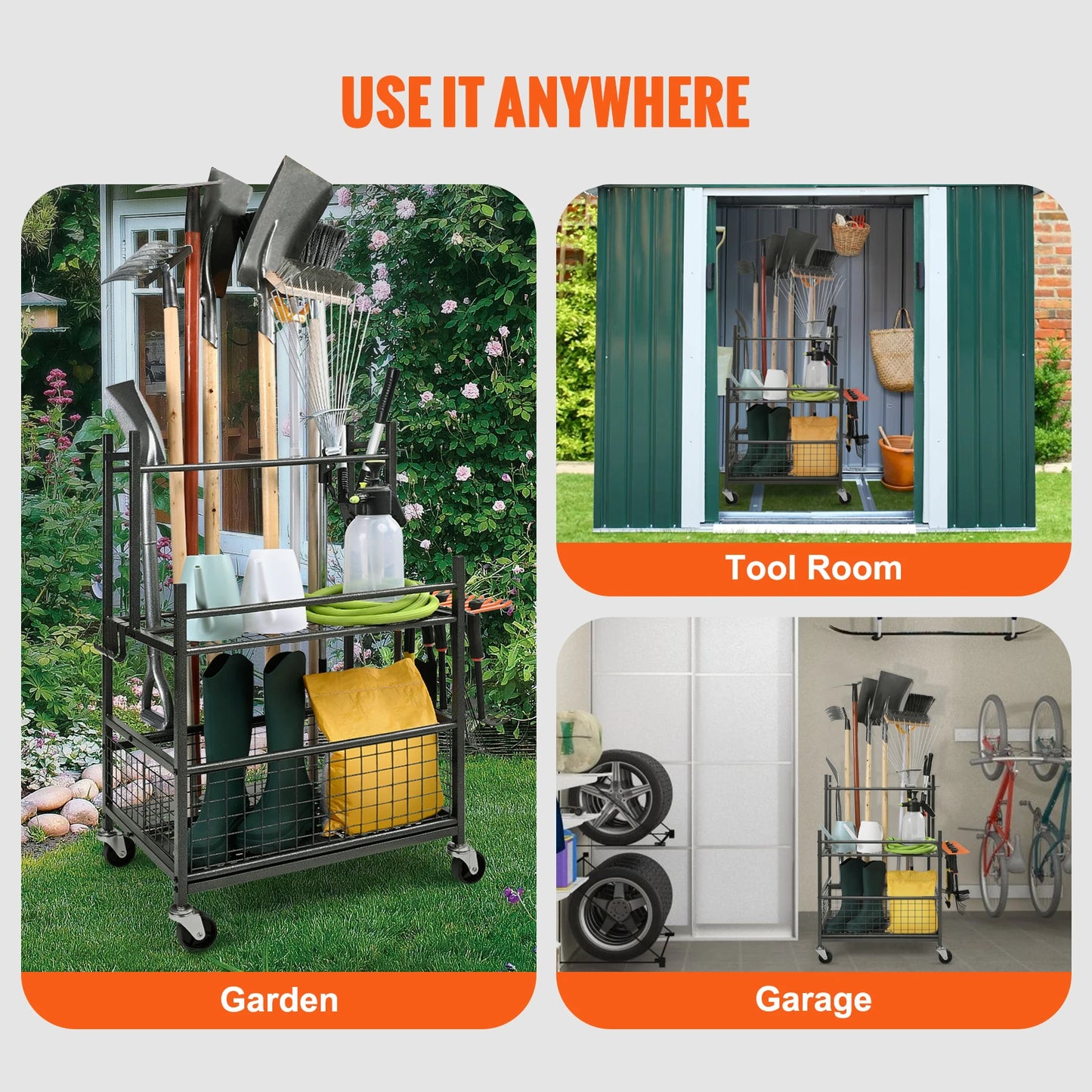Garden Tool Organizer Tower Rack With Hooks And Wheels