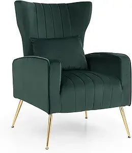Velvet Accent Chair with Lumbar Pillow Mid Century Modern Wingback Design