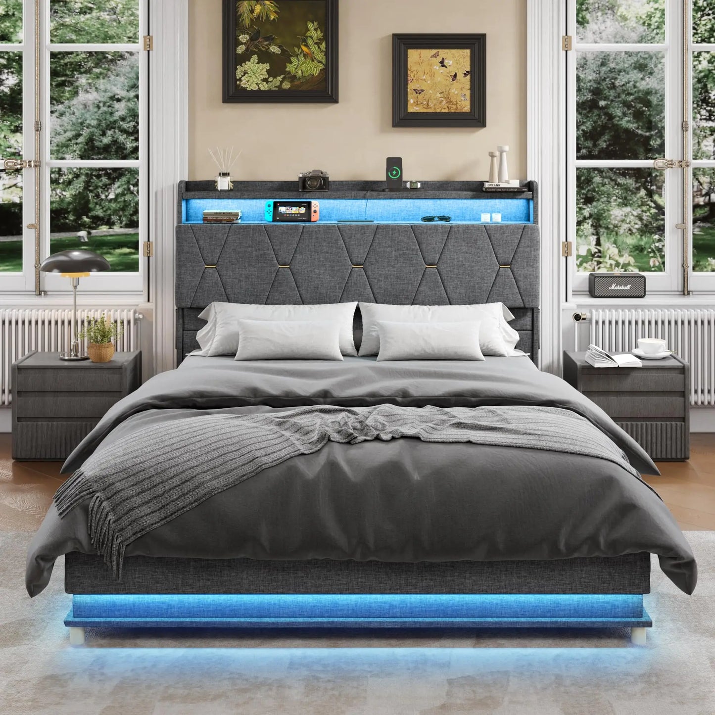 Vabches Lift Up Bed Frame With Storage Headboard LED