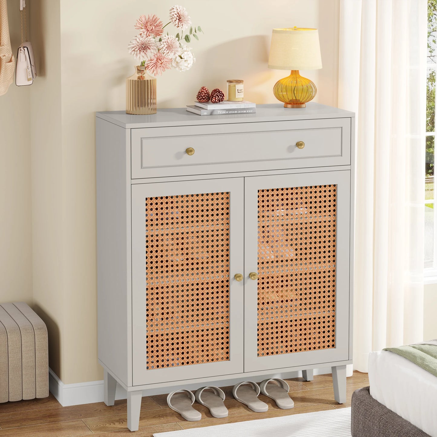 Tribesigns Mint Green Rattan Shoe Cabinet with Doors and Drawer for Entryway