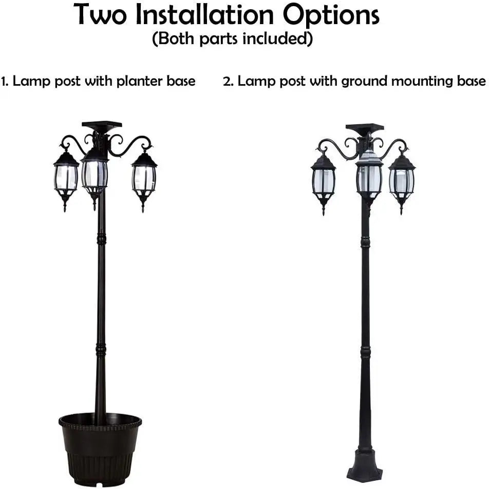 3-Head LED Solar Light Planter Black 6.7 ft Outdoor Garden Decor