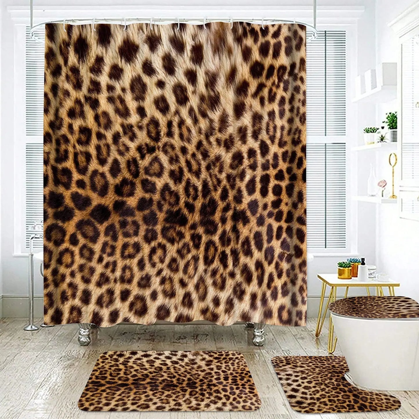 Leopard Pattern Polyester Shower Curtain Set With Bath Accessories