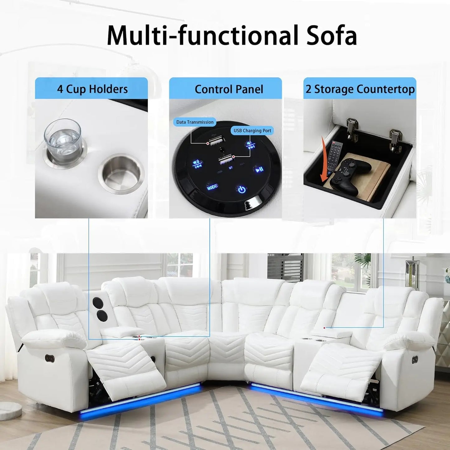 Power Couch Leather Recliner Sofa With LED USB Speaker