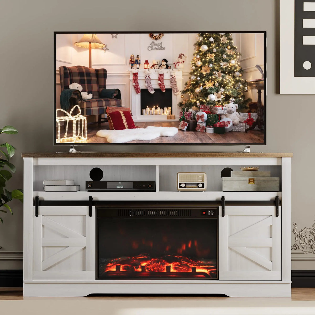 JUMMICO Fireplace TV Stand Entertainment Center with Storage Shelves