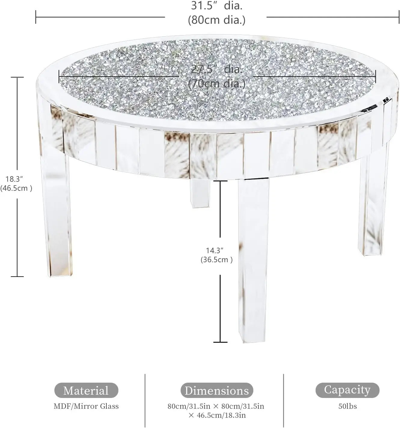 Round Mirrored Coffee Table With Crushed Diamond Glass Top