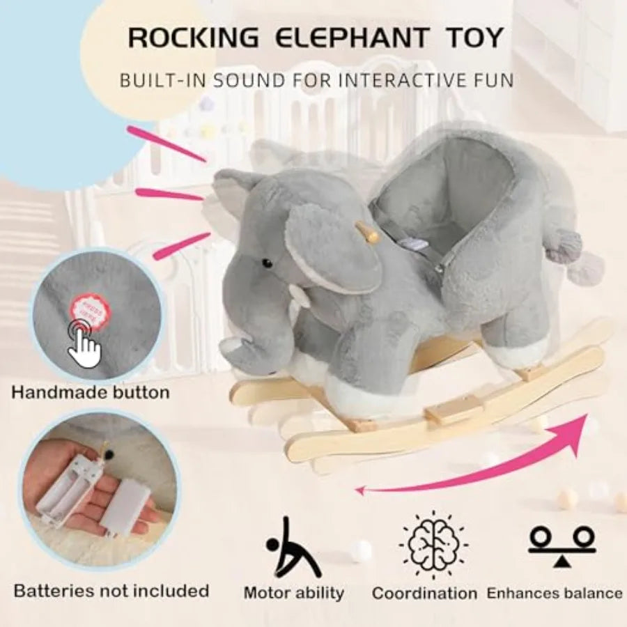 Wooden Rocking Horse for Toddlers with Plush Elephant Music