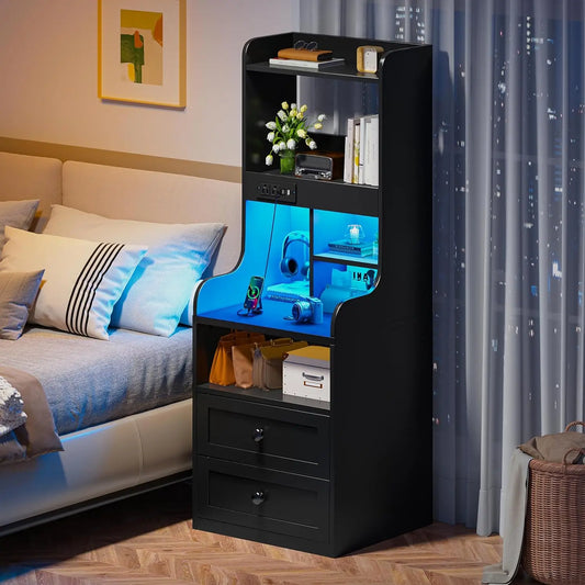 Tall Black Nightstand with LED Lights and Charging Station Two Drawer Design