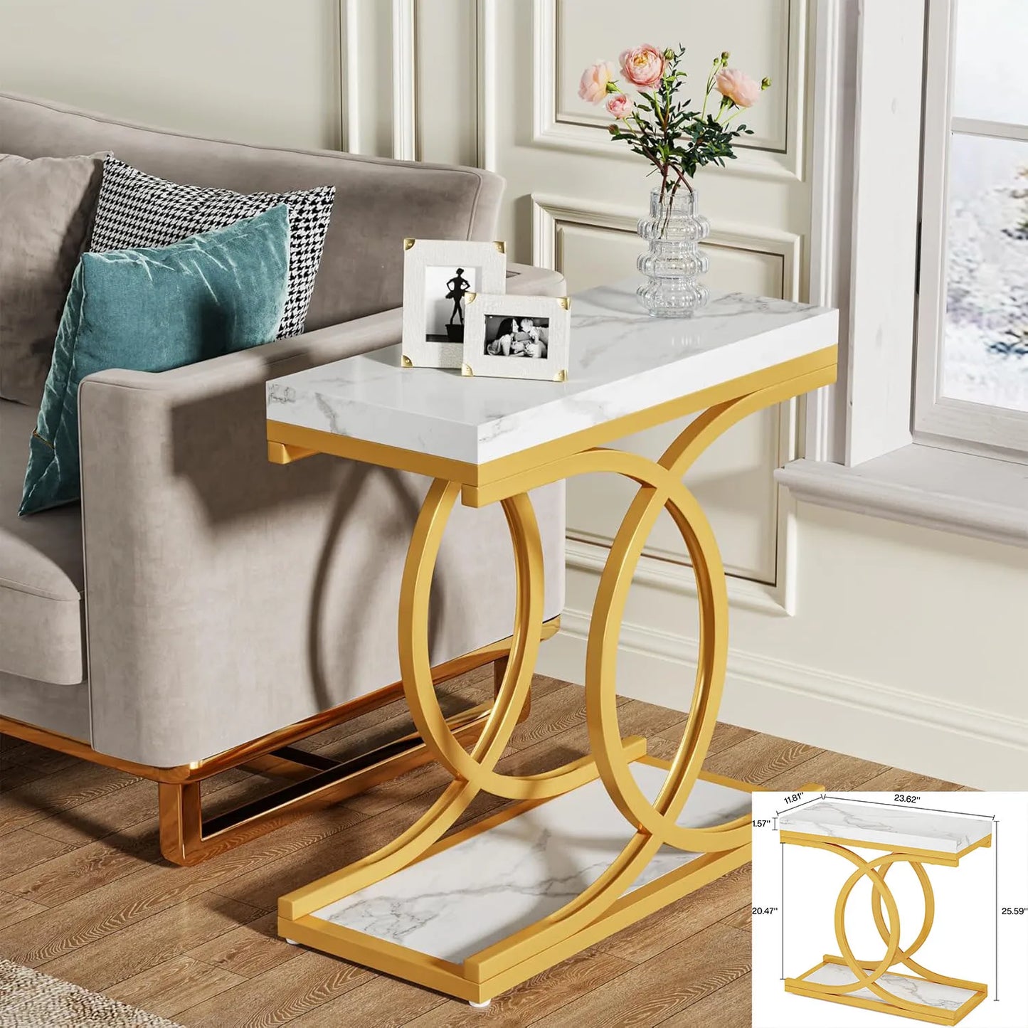 Modern White Gold Square End Table with Storage 2-Tier Faux Marble Design