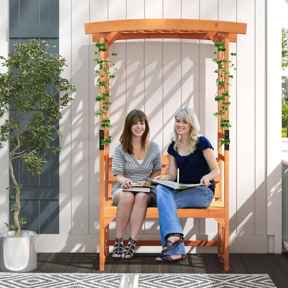 HAPPYGRILL Patio Garden Arbor With Bench Wooden Arch Pergola Trellises
