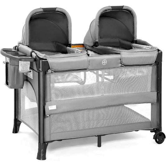Devine Twin Bassinet Bedside Sleeper Playpen Grey Finish