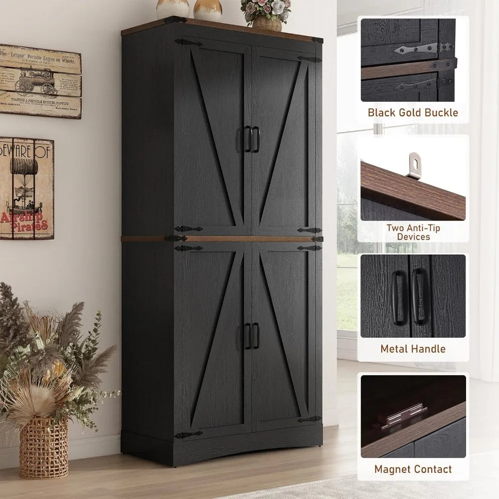 71 Inch Tall Farmhouse Pantry Cabinet with Adjustable Shelves and Steel Pipe