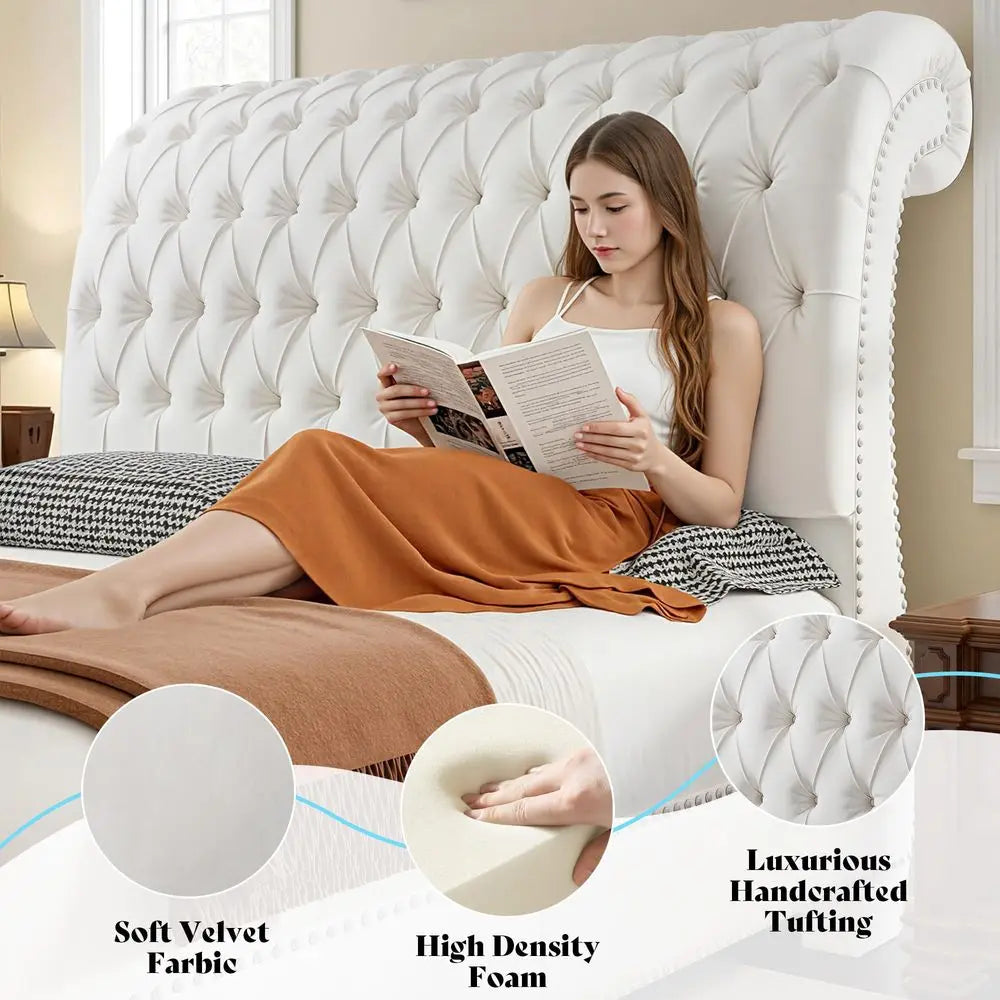 Sleigh Bed Frame With Velvet Upholstery And Tufted Headboard