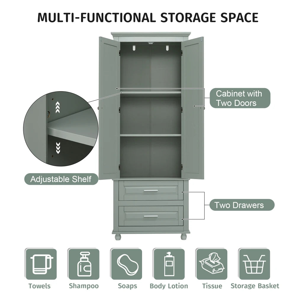 Grey Tall Storage Cabinet With Two Drawers