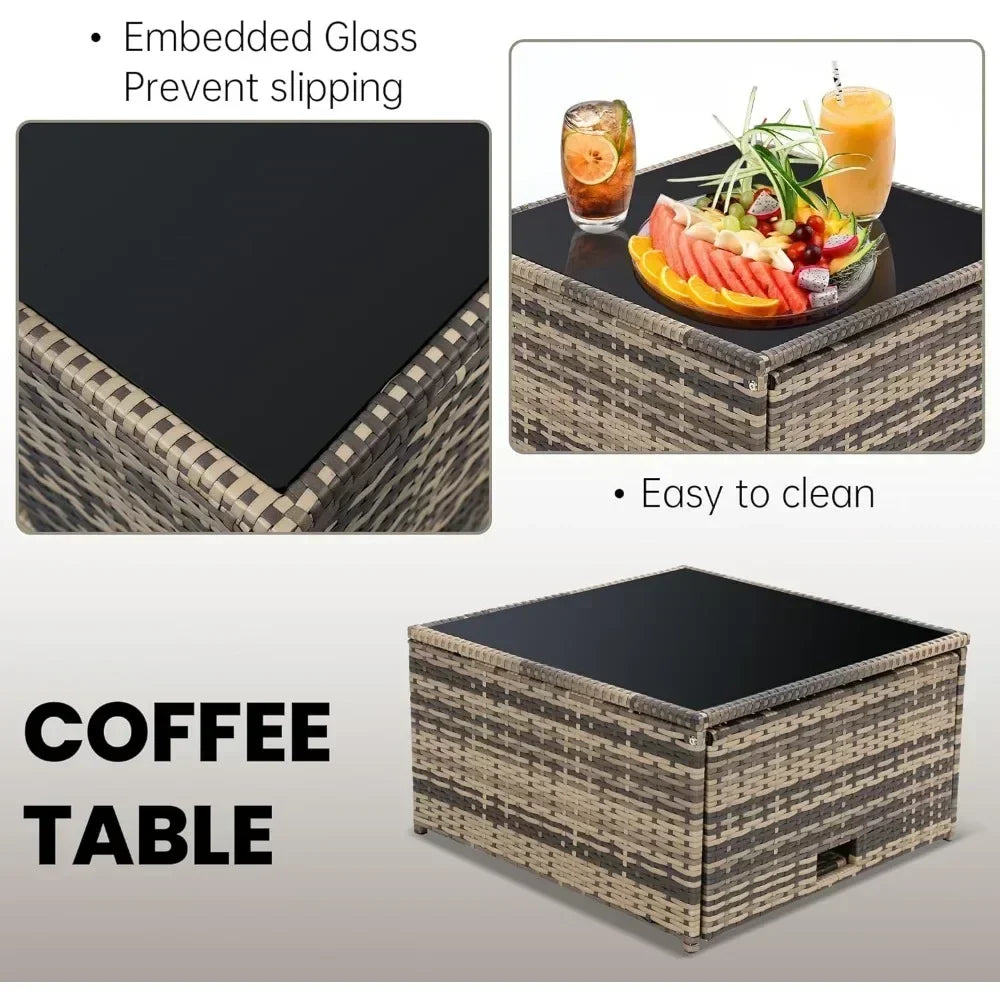 Rattan Patio Sectional Glass Top Table With Hidden Storage