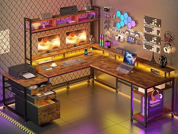 RBXCLShapedDeskWithHutchAndDrawersForHomeOfficeWorkstationStorageSolutionDurablePremiumConstruction