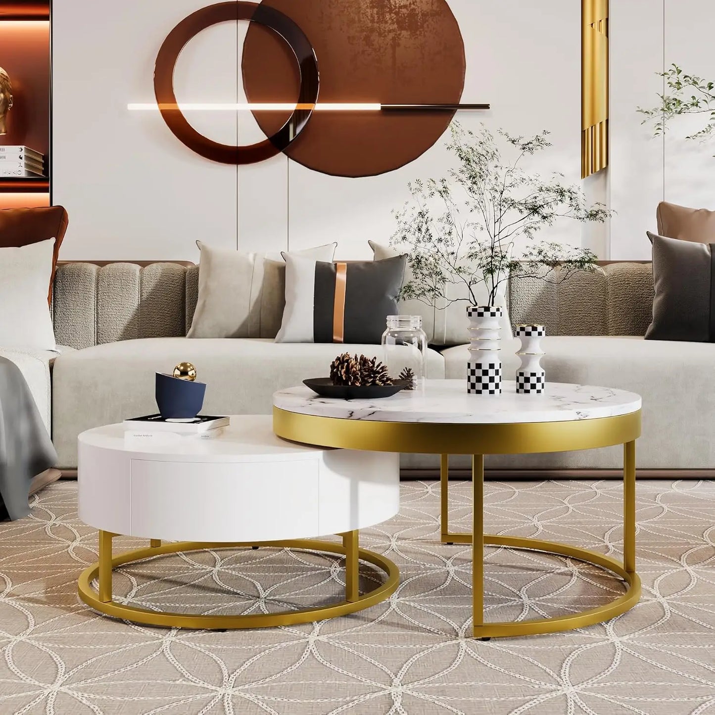 Modern Round Nesting Coffee Table with Drawers for Stylish Living Room Decor
