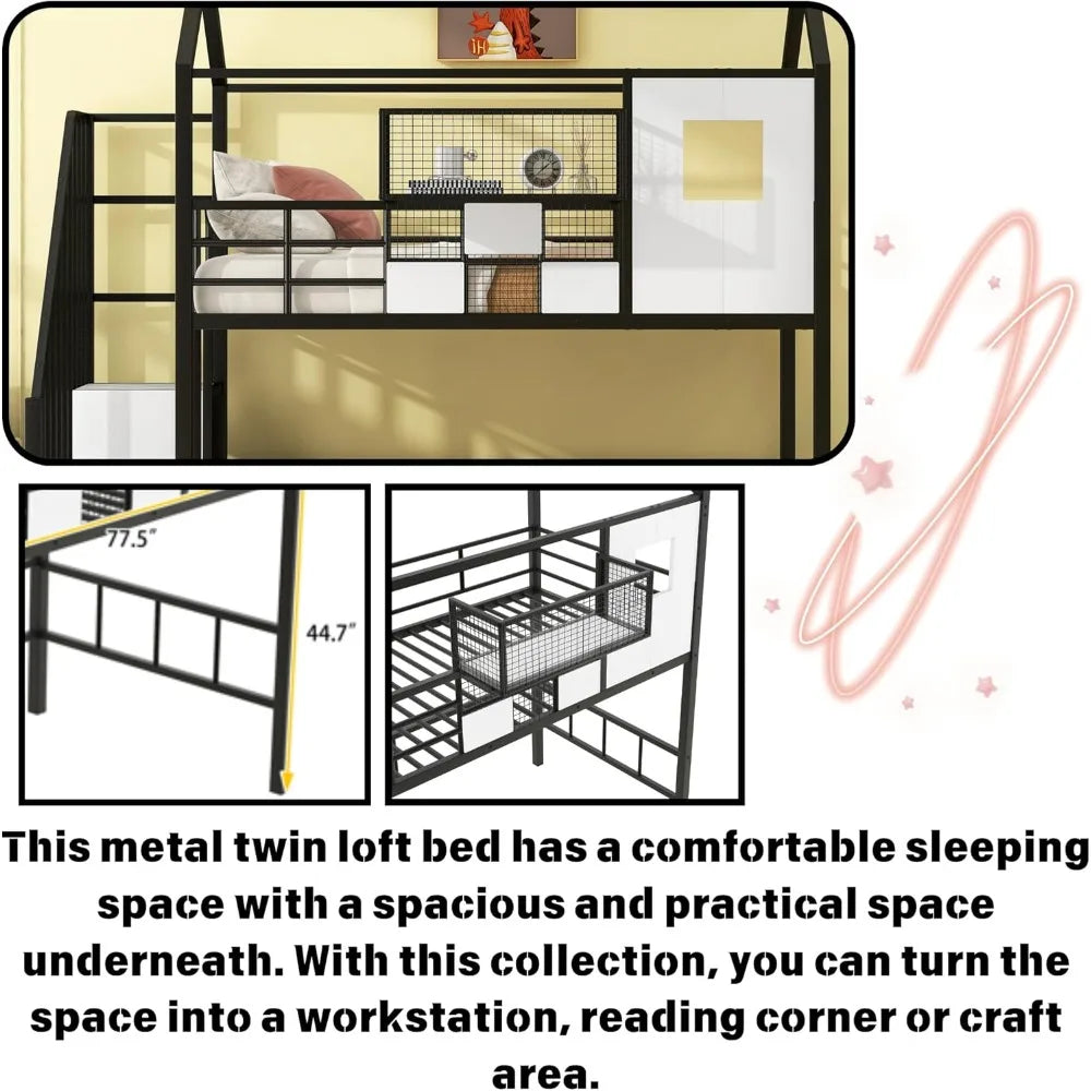 DAFIFY Loft Bed With Stairs And Roof For Kids Sturdy Metal