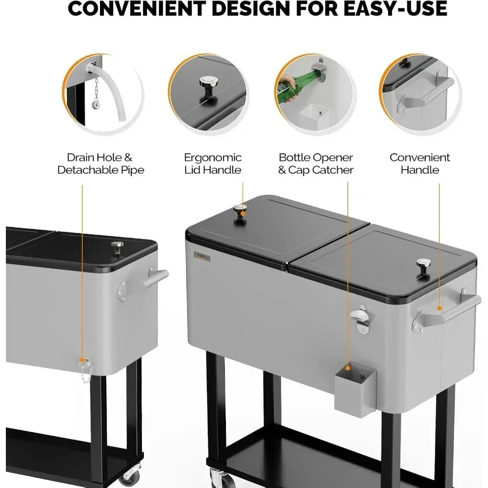 Rolling Ice Chest On Wheels Cooler Cart With Shelf