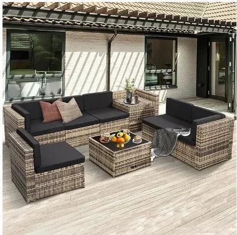 Rattan Patio Sectional Glass Top Table With Hidden Storage