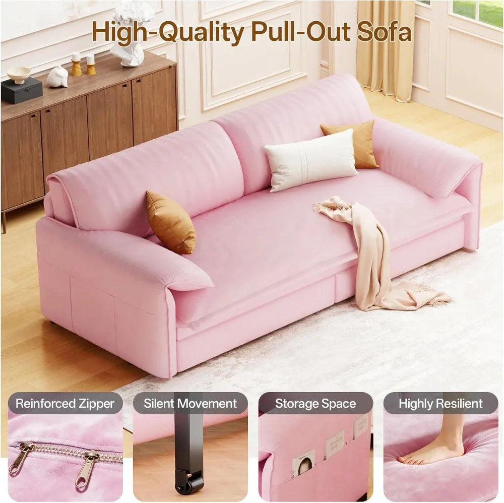 Velvet Sleeper Sofa With Storage Pockets For Living Room