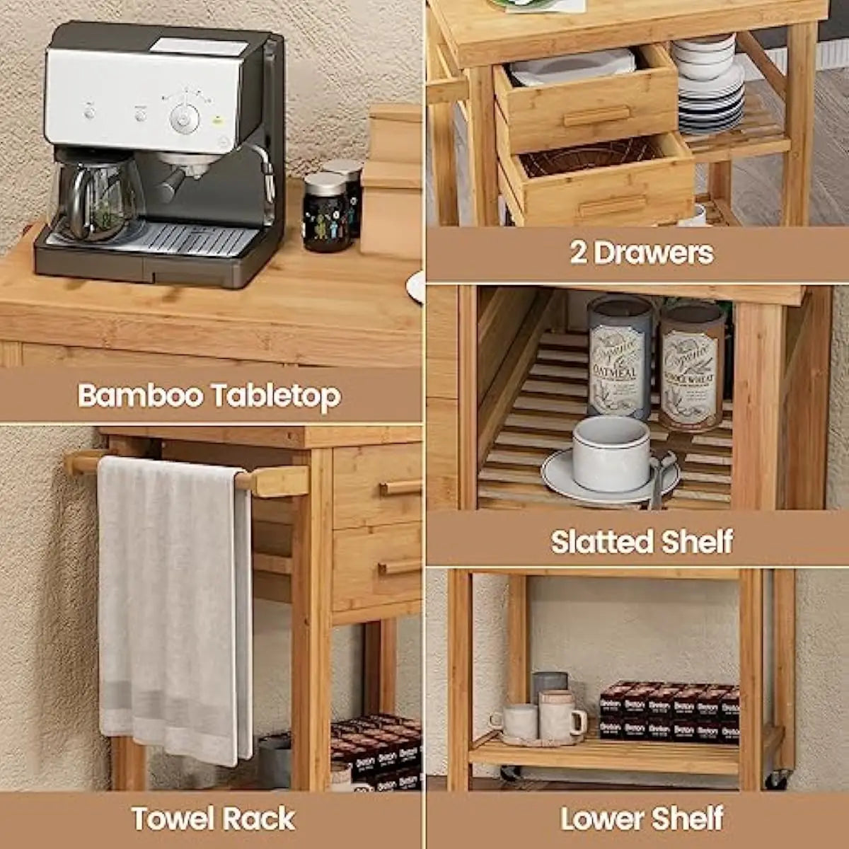 Bamboo Rolling Island Cart with Drawers and Braked Casters