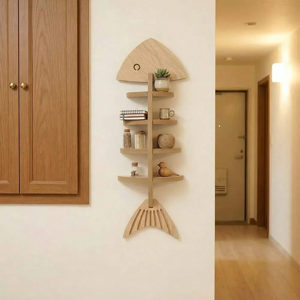 Wooden Fishbone Wall Shelf Storage Rack for Bathroom Decor