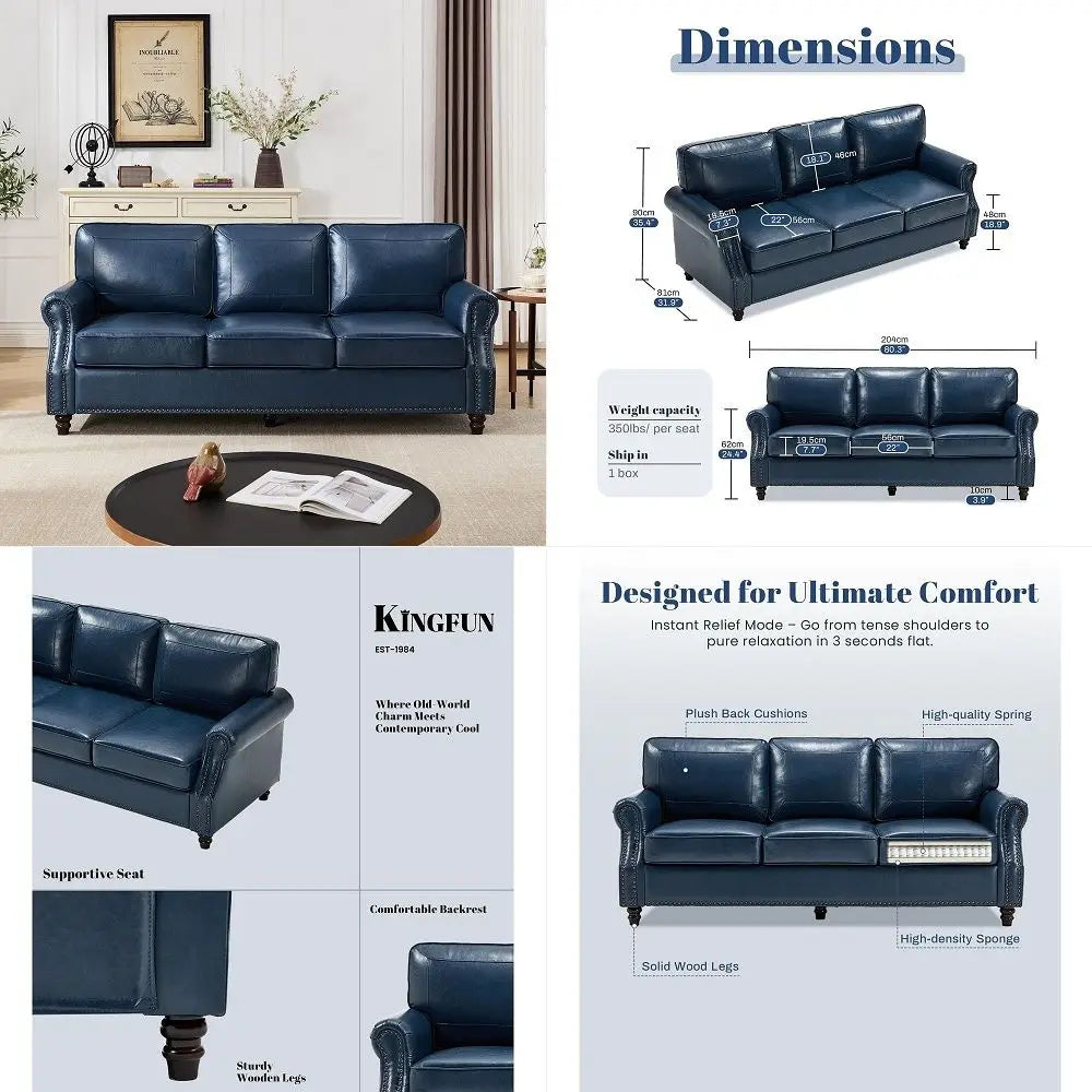Faux Leather Sofa Mid Century Modern With Rolled Arms Deep Seats Living Room