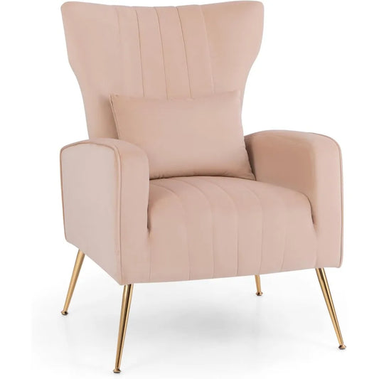 Velvet Accent Chair with Lumbar Pillow Mid Century Modern Wingback Design