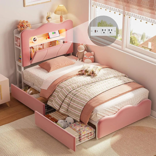 Velvet Platform Bed Frame With Drawers And Charging Station