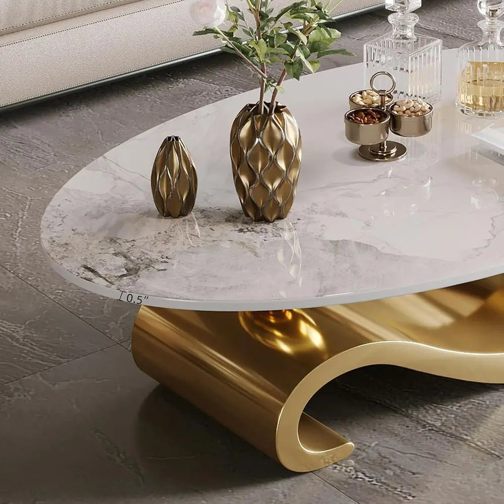 Oval Marble Coffee Table With Stainless Steel Base