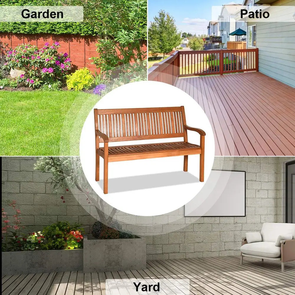 Outdoor Wood Garden Bench Slatted Backrest Curved Armrests