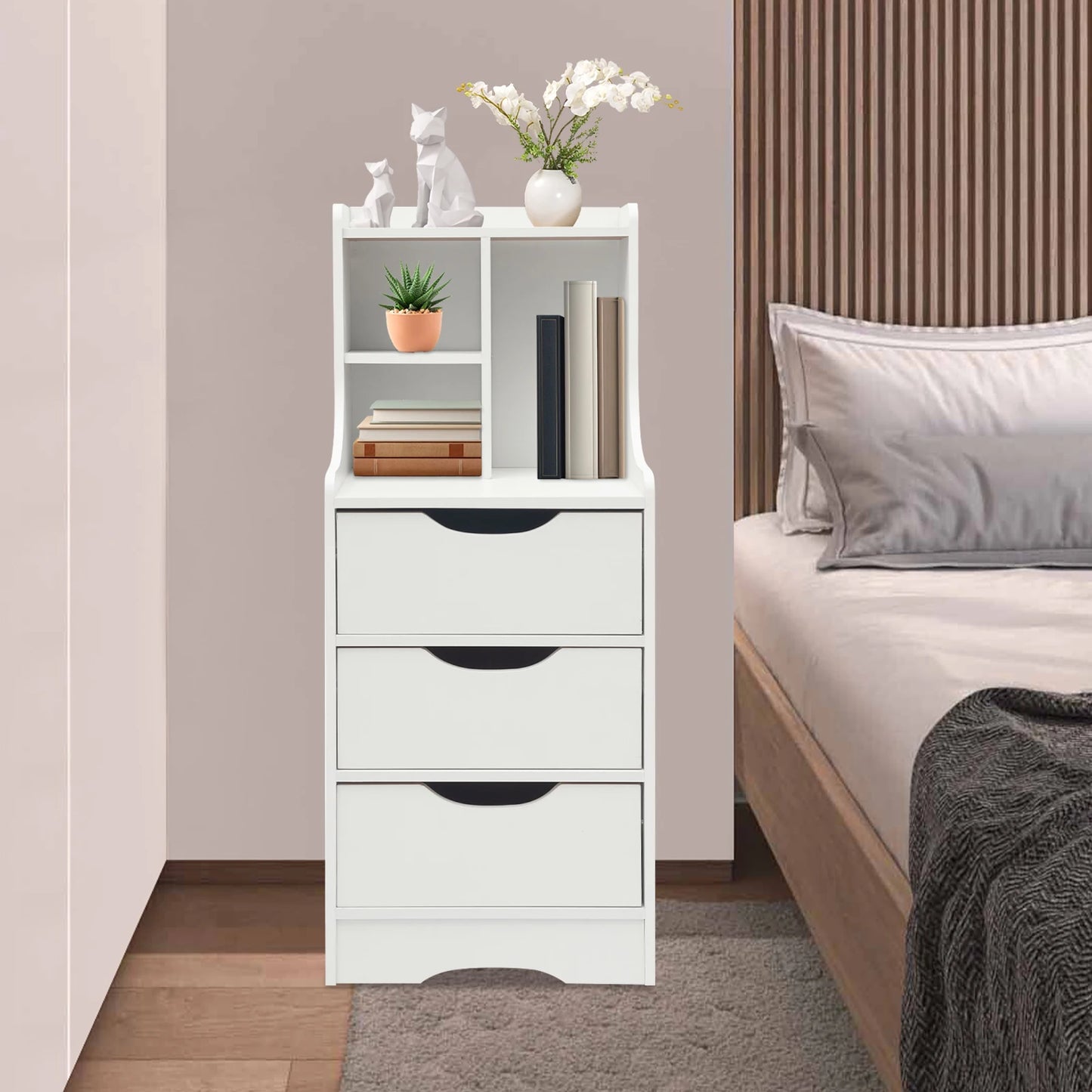 White Vertical Bedside Table Modern Storage Cabinet with Convenient Handles