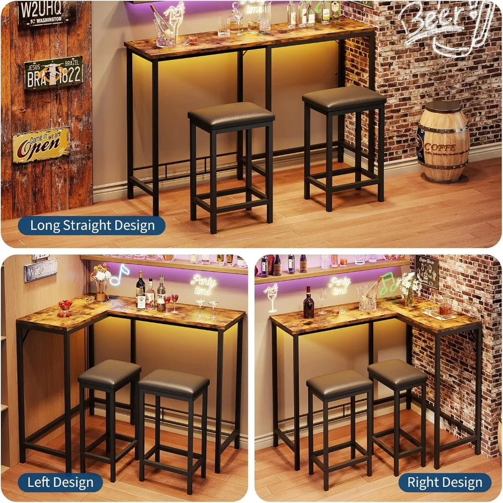 Convertible L Shaped Bar Table Set With USB Charging Cable Management