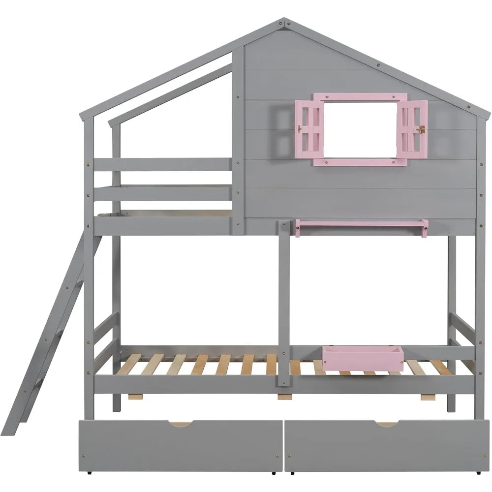 Twin Over Twin Bunk Bed Playhouse With Drawers