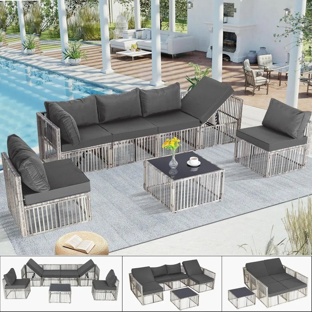 7 Piece Outdoor Wicker Patio Furniture Set with Adjustable Backrest Grey Cushions
