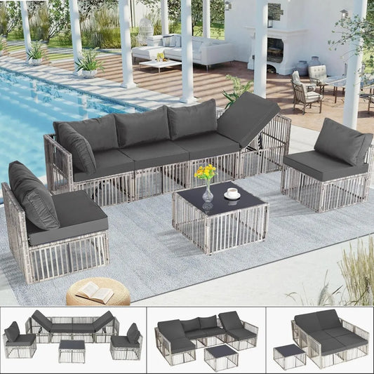 7 Piece Outdoor Wicker Patio Furniture Set with Adjustable Backrest Grey Cushions