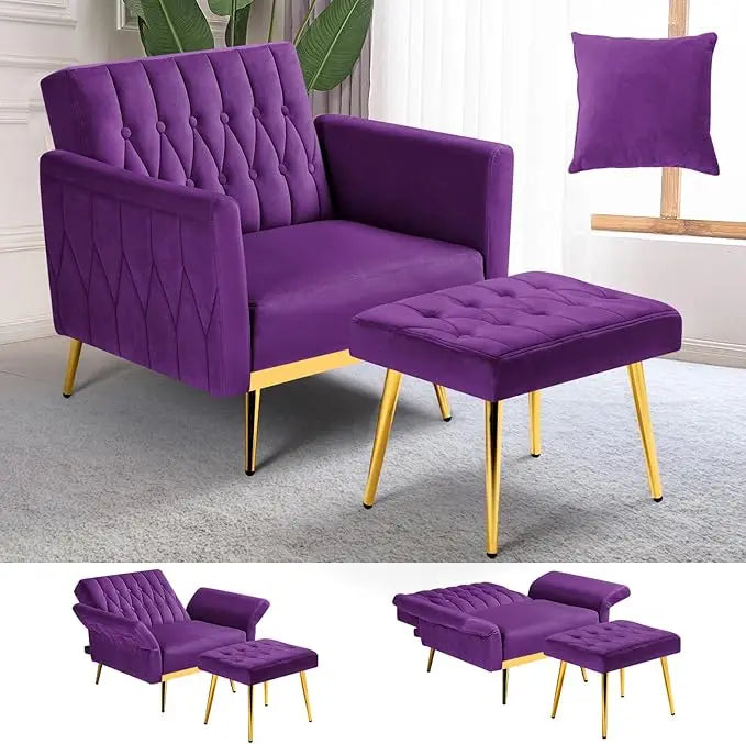 Velvet Accent Chair with Adjustable Armrests Tufted Back and Ottoman