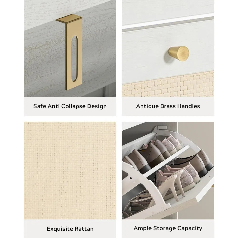 ANGDUO Rattan Shoe Cabinet Set With Flip Drawers Freestanding