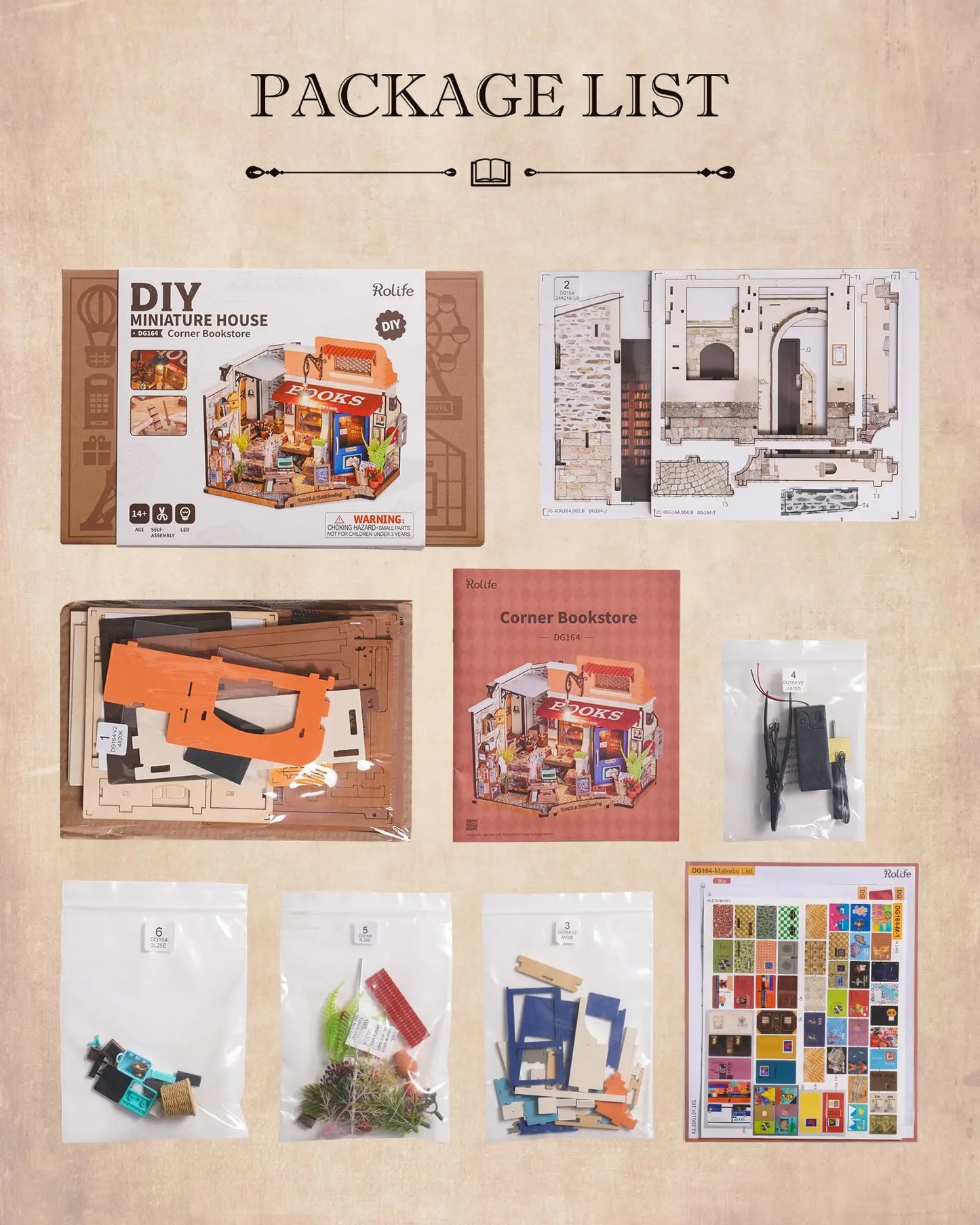 Robotime Corner Bookstore Miniature Dollhouse Kit With LED