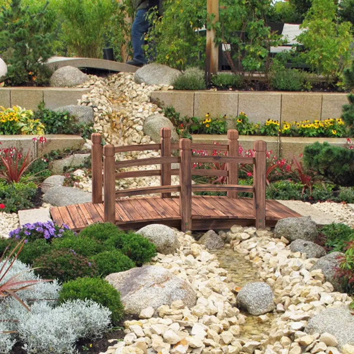 Wooden Garden Bridge With Railings For Outdoor Use
