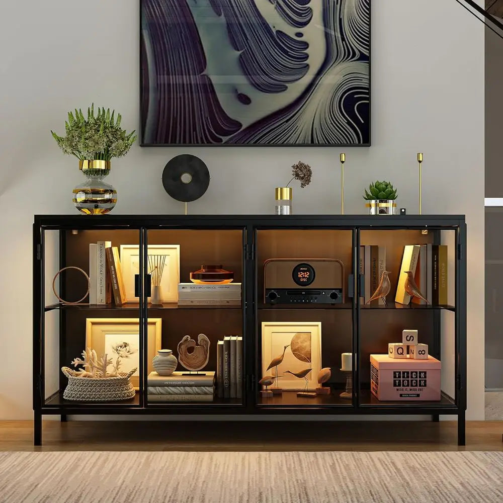 Storage Cabinet With LED Lights And Glass Shelves Display