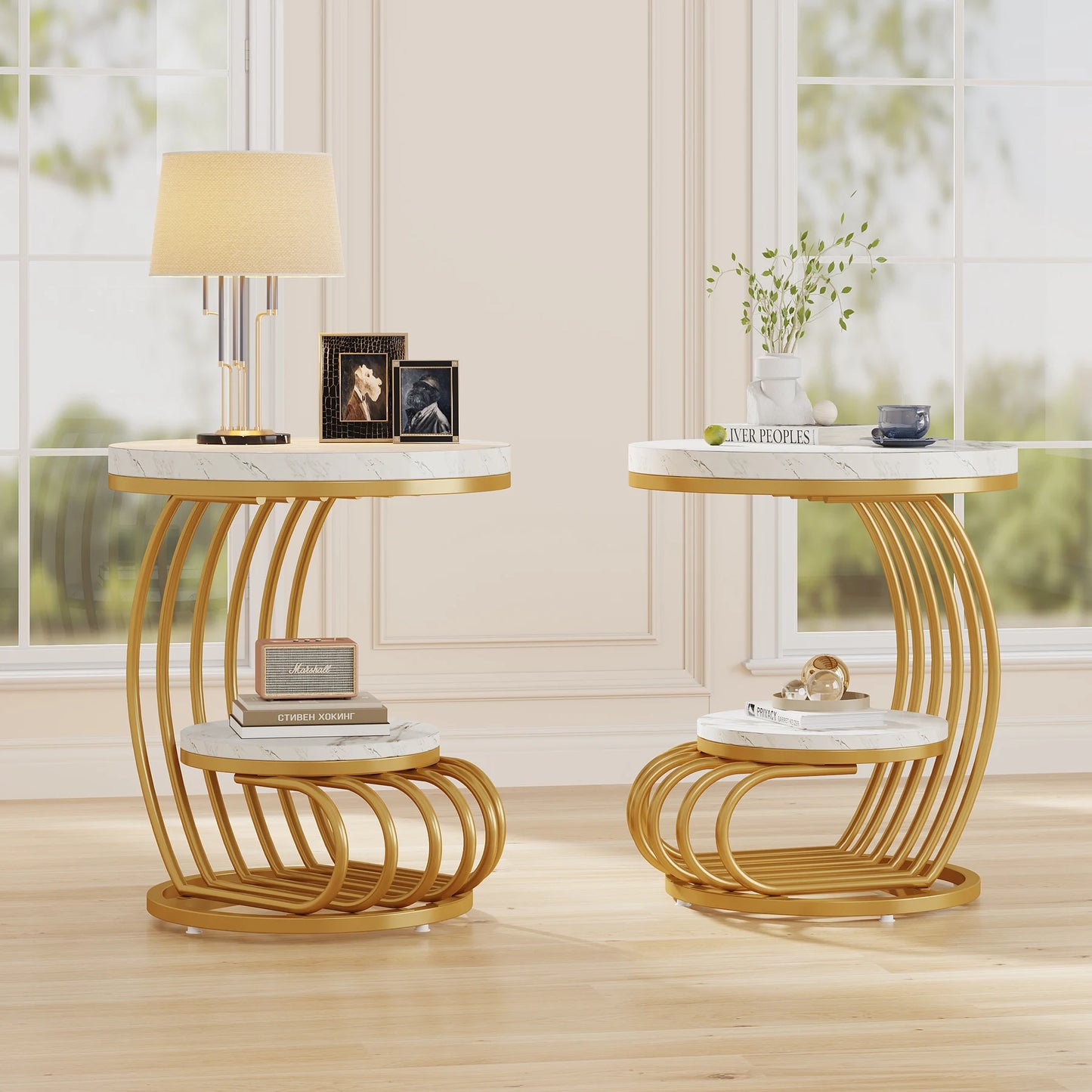 Tribesigns Gold Round End Table with Faux Marble and Storage Shelf