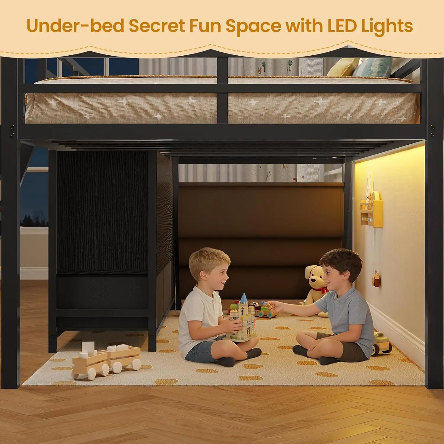 Low Loft Metal Bed 3 Drawers Bookshelf LED Guardrail
