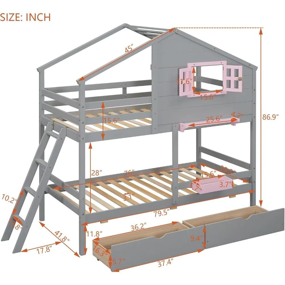 Twin Over Twin Bunk Bed Playhouse With Drawers